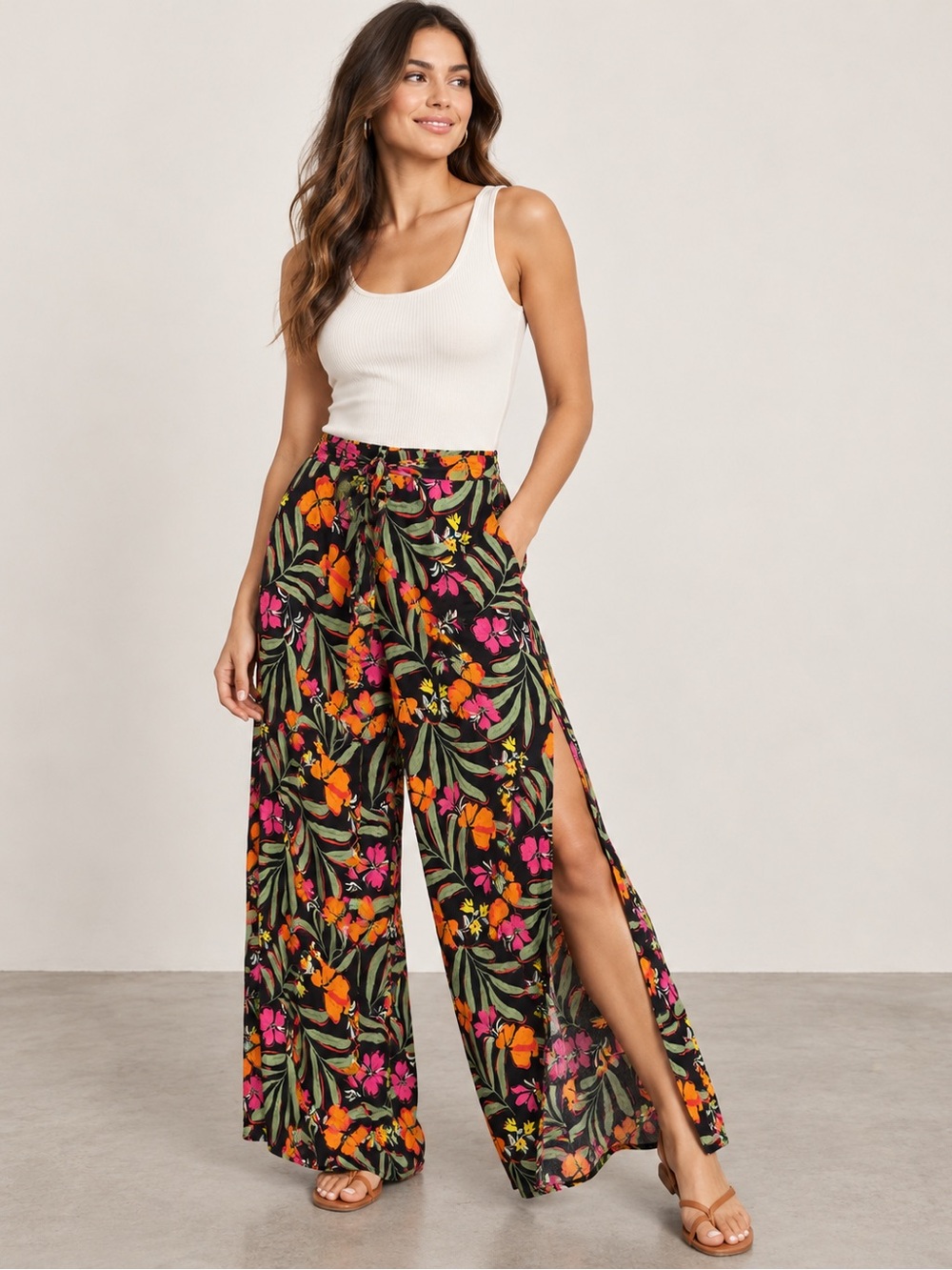 Adore Me Tropical Floral Wide Leg Split Leg Pants Size Small NWT